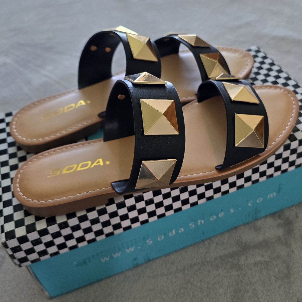 Soda Brand Black and Tan Studded Sandals
